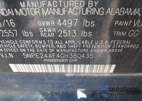 2016 Hyundai Sonata Se from USA, damaged, VIN 5NPE24AF4GH380435